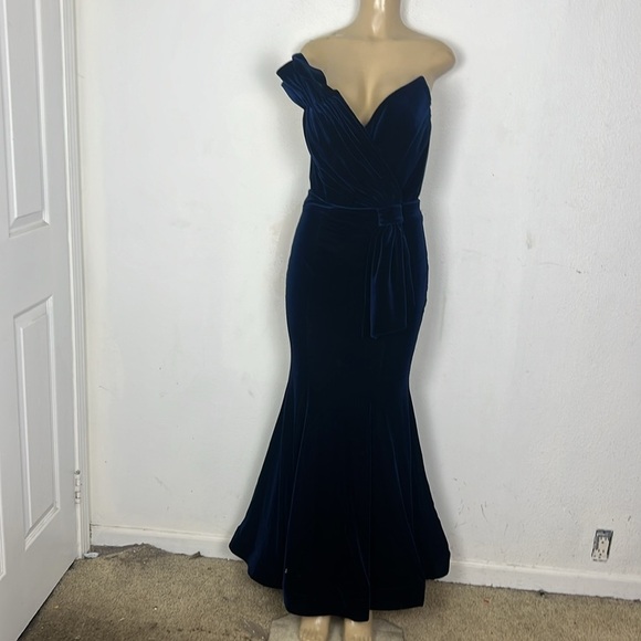 Eva Mejl navy blue velvet gown dress size L - Picture 3 of 9